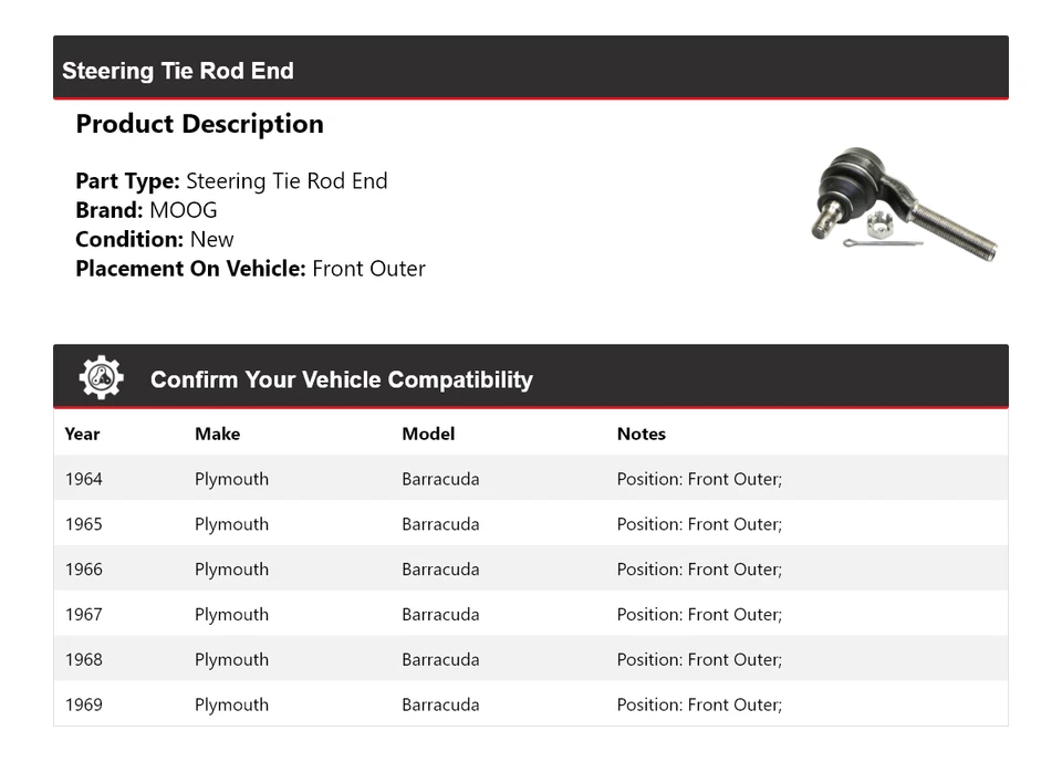 For 1964-1969 Plymouth Barracuda Steering Tie Rod End Front Outer MOOG 1964 1965 - Image 2 of 4