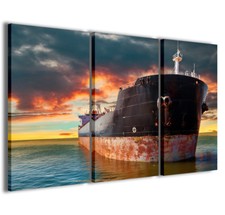 Stampe su tela 3pz.120x90cm Paesaggio 013 Quadri Moderni Tramonto Nave Cargo