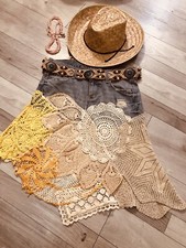 Handmade Cowgirl Style Romantic Crochet Doilies Distressed Denim Skirt Size L