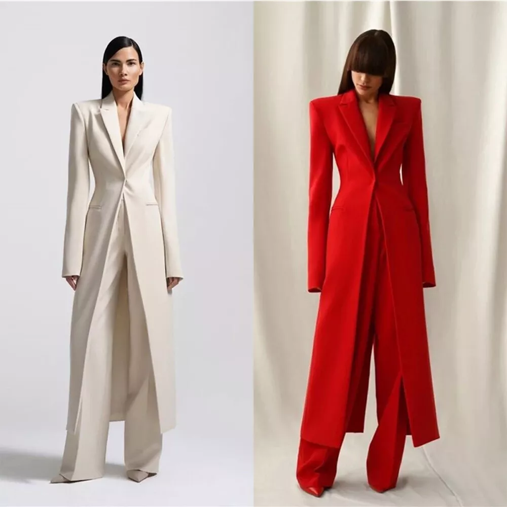 Red Women's Suit Long Coat Dress Pants 2 Pieces Formal Wedding Party Wear  Blazer