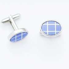 C0003 CUFFLINKS CUFF LINKS OVAL GRID WIHTE MOTHER OF PEARL SKY BLUE TOPAZ