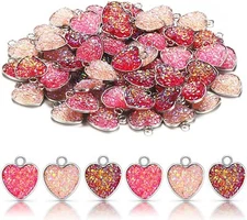 6 Glitter Heart Charms Faux Druzy Stainless Steel Valentines Jewelry Findings 
