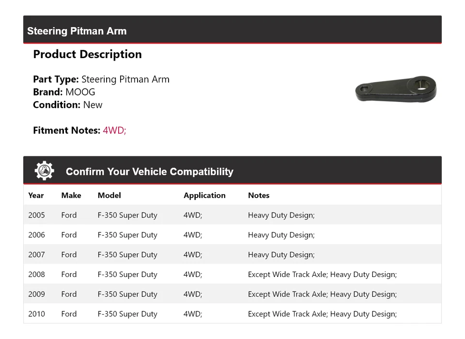 Brazo Pitman de dirección 4x4 MOOG 2005 2006 2007 para Ford F-350 Super Duty 2005-2010 Foto 2 de 4