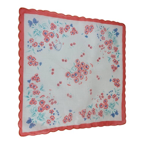 Vintage Coral Peach Floral Pink Wildflowers Handkerchief Scallop Border Scarf - Picture 2 of 3