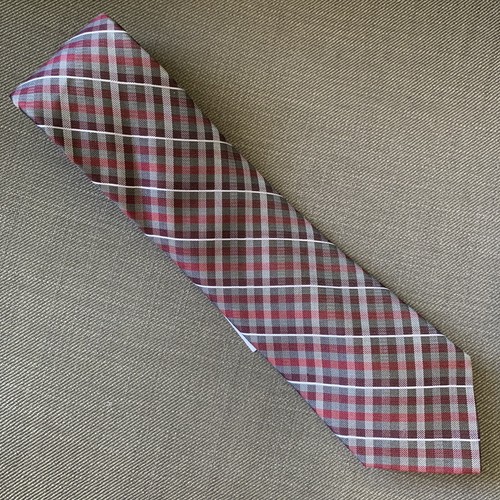 Michael Kors Men's Neck Tie Red Burgundy Grey Plaid Silk Blend NWT
