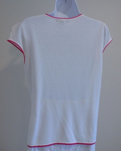 NANETTE LEPORE White W Fuschia Pink Trim Tie Keyhole Neck Cap Sleeve Sweater SzS - Picture 5 of 6