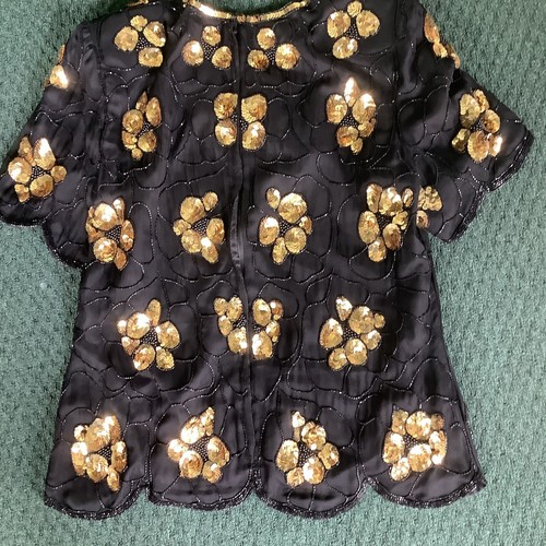 Vintage Scala Size Petite Large Short Sleeve Embellished Black Silk Top - Picture 6 of 7