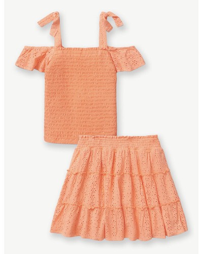 Justice Girl 2 Pc Smocked Cold Shoulder Top+Skirt Ruffl Cantaloupe Melon Size 10 - Picture 2 of 6
