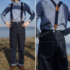 Vintage Railroad Stripes Wabash Denim Jeans Men's Navy Overalls Straight Pants