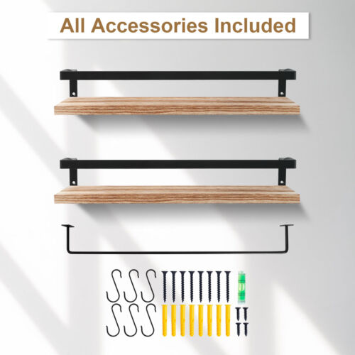 2Pcs Wooden Floating Shelves Wall Mounted Display Storage Shelf With Hooks Home - Picture 9 of 12