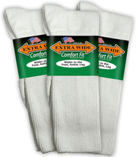 Extra Wide Comfort Fit Athletic Crew Mid-Calf Socks-White-Size 12-16,Made in USA