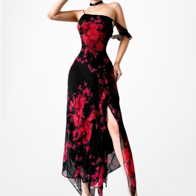 Vintage Black Red Floral Beaded One Shoulder Ruffle Side Slit Dress Size M | eBay Vintage Black Red Floral Beaded One Shoulder Ruffle Side Slit Dress Size M | eBay