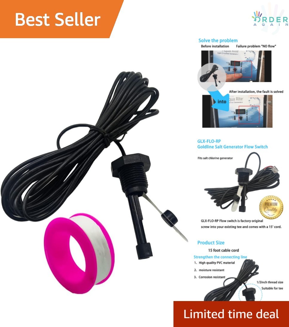 Pool Flow Switch Metal Sensor 15ft Cable Compatible with Hayward Salt Systems