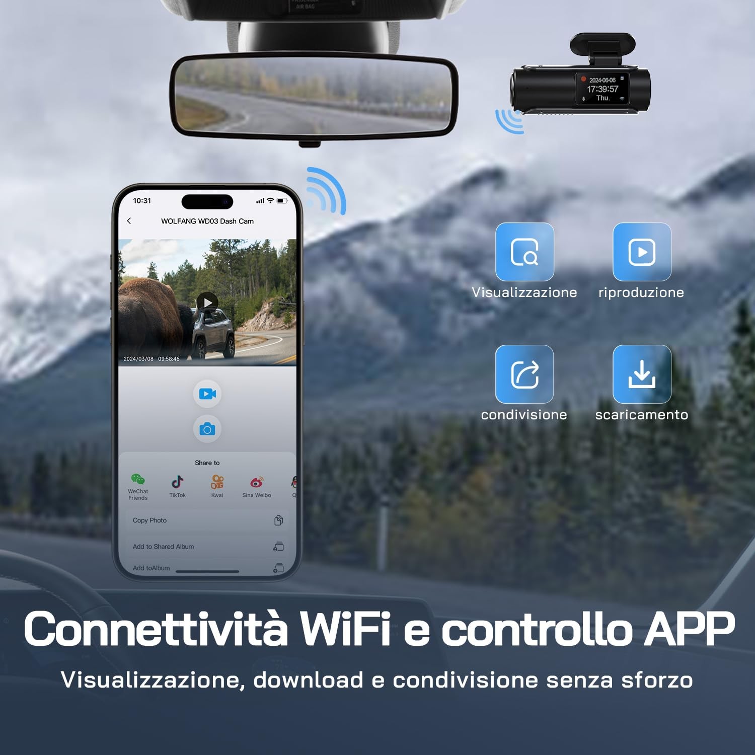Wolfang Dash Cam Auto 4K Doppia WIFI Dashcam per Auto Telecamera Auto 170° - Miniatura 7