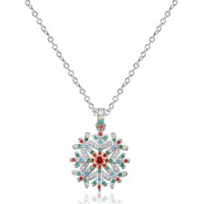 Silver Snowflake Pendant Necklace for Women Cute Colorful Crystal
