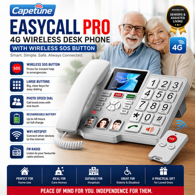 EasyCall Pro Senioren Tischtelefon 4G GSM, laute Stimme, SOS-Fernbedienung, große Tasten. SALE