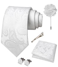 Mens Paisley Tie and Pocket Square,Lapel Pin,Cufflinks,Tie Clip Sets with White