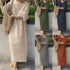 Casual Womens Summer Linen Cotton Long Maxi Baggy Dresses Kaftan Dress Plus Size