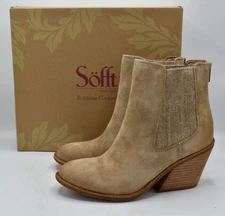 Sofft Women 10 Tara Chelsea Barley Leather Block Heel Zip Western Booties Boots