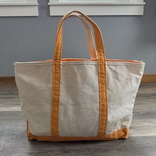 VTG LL Bean Boat  Tote Canvas Bag Yellow Ivory Zippered Closure Heavy Duty L
