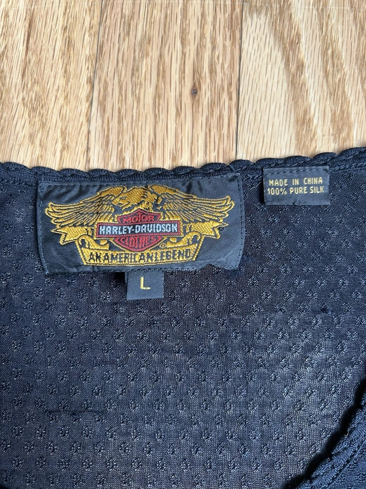 Camisa Harley Davidson Negra Transparente Manga Larga 100% Seda Mujer Talla Grande Foto 2 de 4