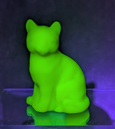 Fenton Lime Green Satin Sitting Cat Glass Figure Uranium GLOWS