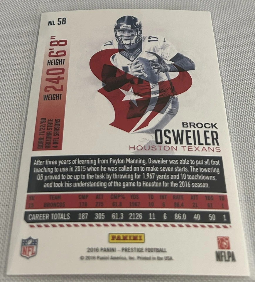 2016 Panini Prestige Football Brock Osweiler Denver Broncos base card #58 - Image 2 of 2