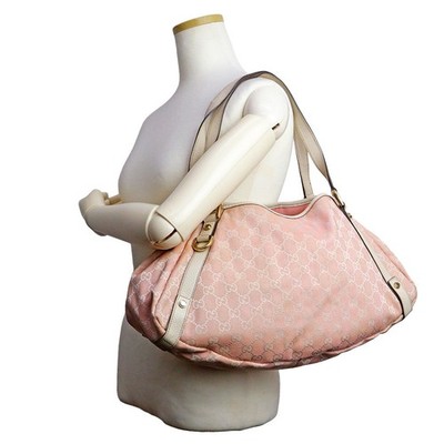 Gucci Abbey GG Canvas Calfskin Tote Bag Pink Ivory Light Gold Used