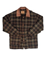 Vintage B Free Wool Plaid Coat Ranch Barn Jacket Leather Trim Made in USA XL