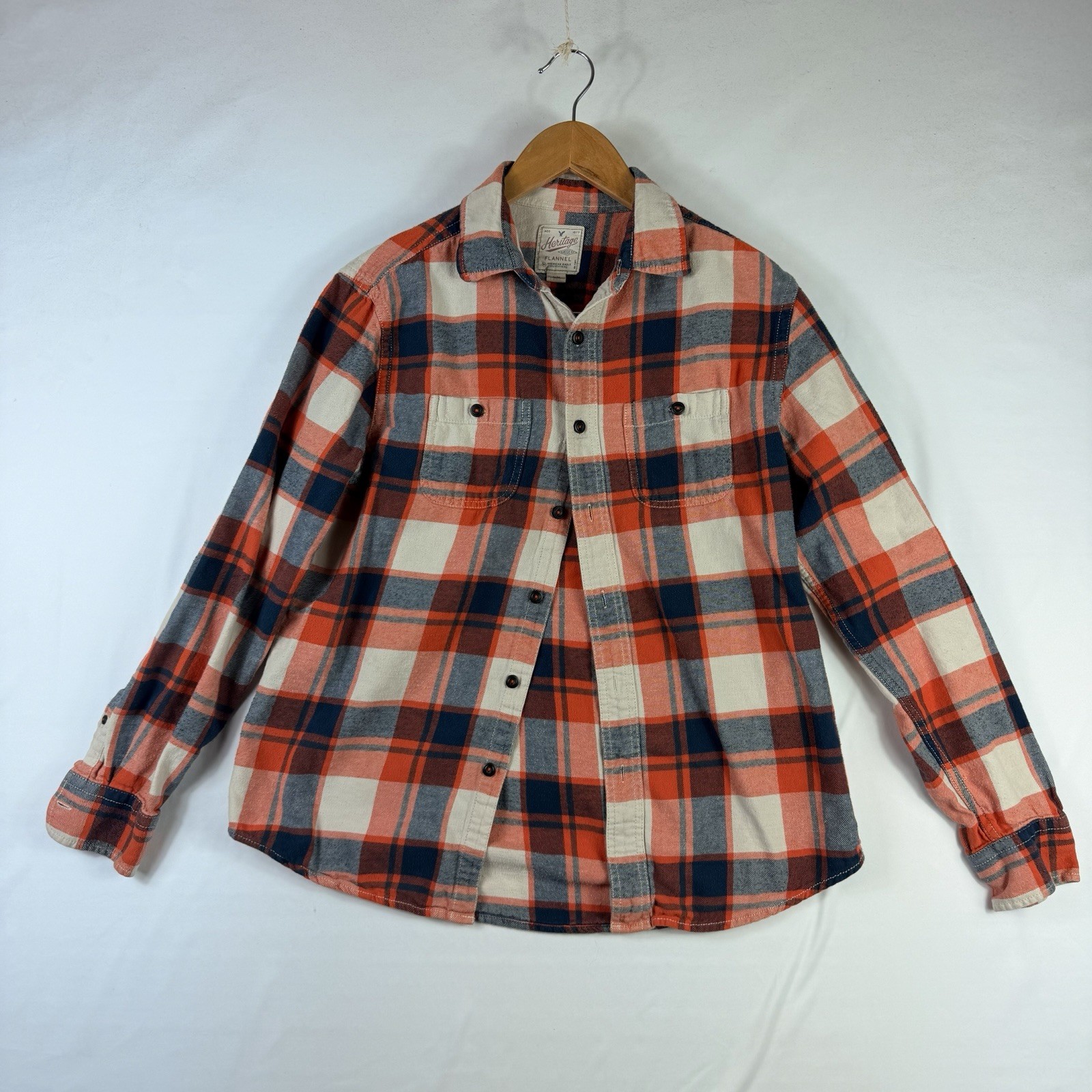 American Eagle Outfitters Shirt Men's Medium Orange White Plaid Flannel Heritage