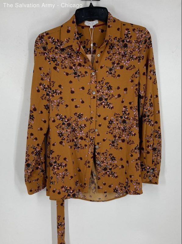 Pearl By Lela Rose Womens Yellow Floral Long Sleeve Button Front Blouse Top Sz M