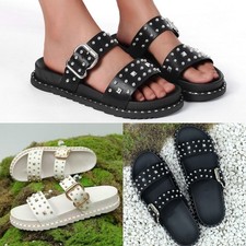 Womens Ladies Flat Studs Buckle Chunky Flatform Slip On Sliders Slides Sandals