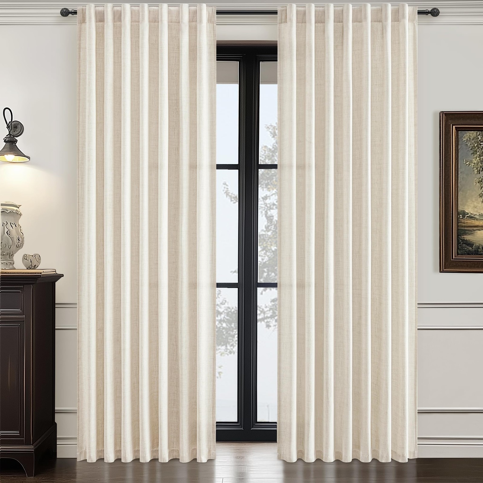 Cream Linen Sheer Curtains 84 inch Long Living Room 2 Panel Set, Modern Light...