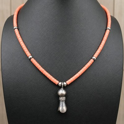 Salmon Pink Coral Heishi Sterling Silver Navajo Pearl Southwestern Necklace 17''