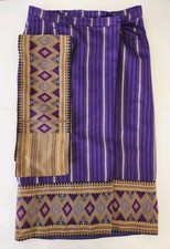 Purple Gold Silver Metallic Brocade Border Large Thai Sarong Wrap Skirt Sash