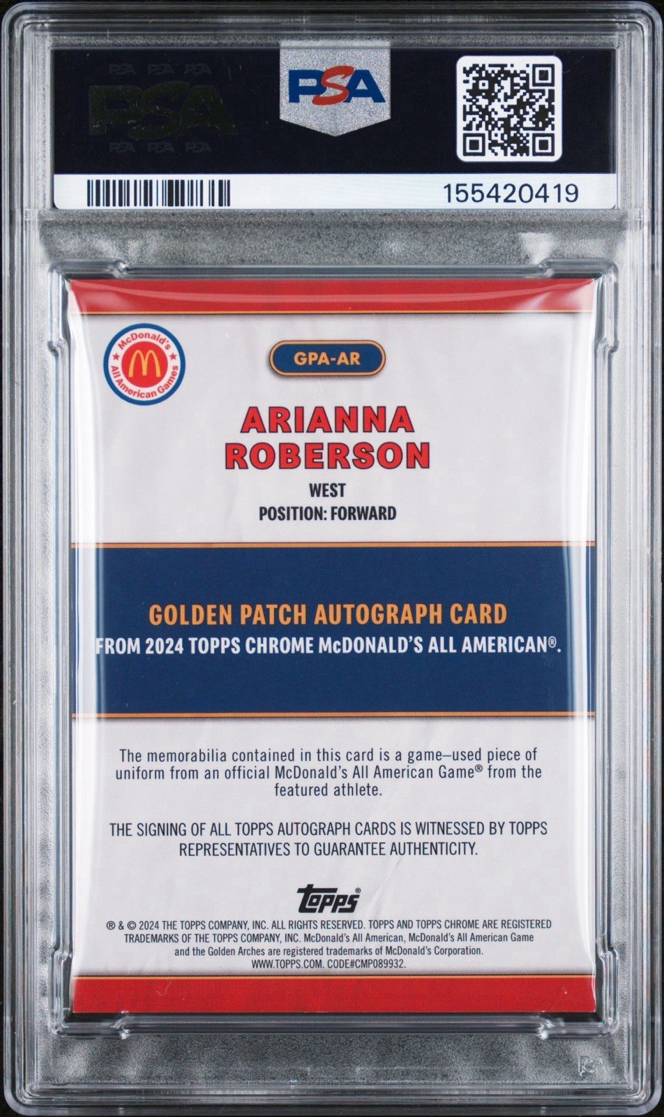 2024 McDONALD'S CHROME ARIANNA ROBERSON /25 GOLDEN PATCH AUTO PSA AUTHENTIC view 3
