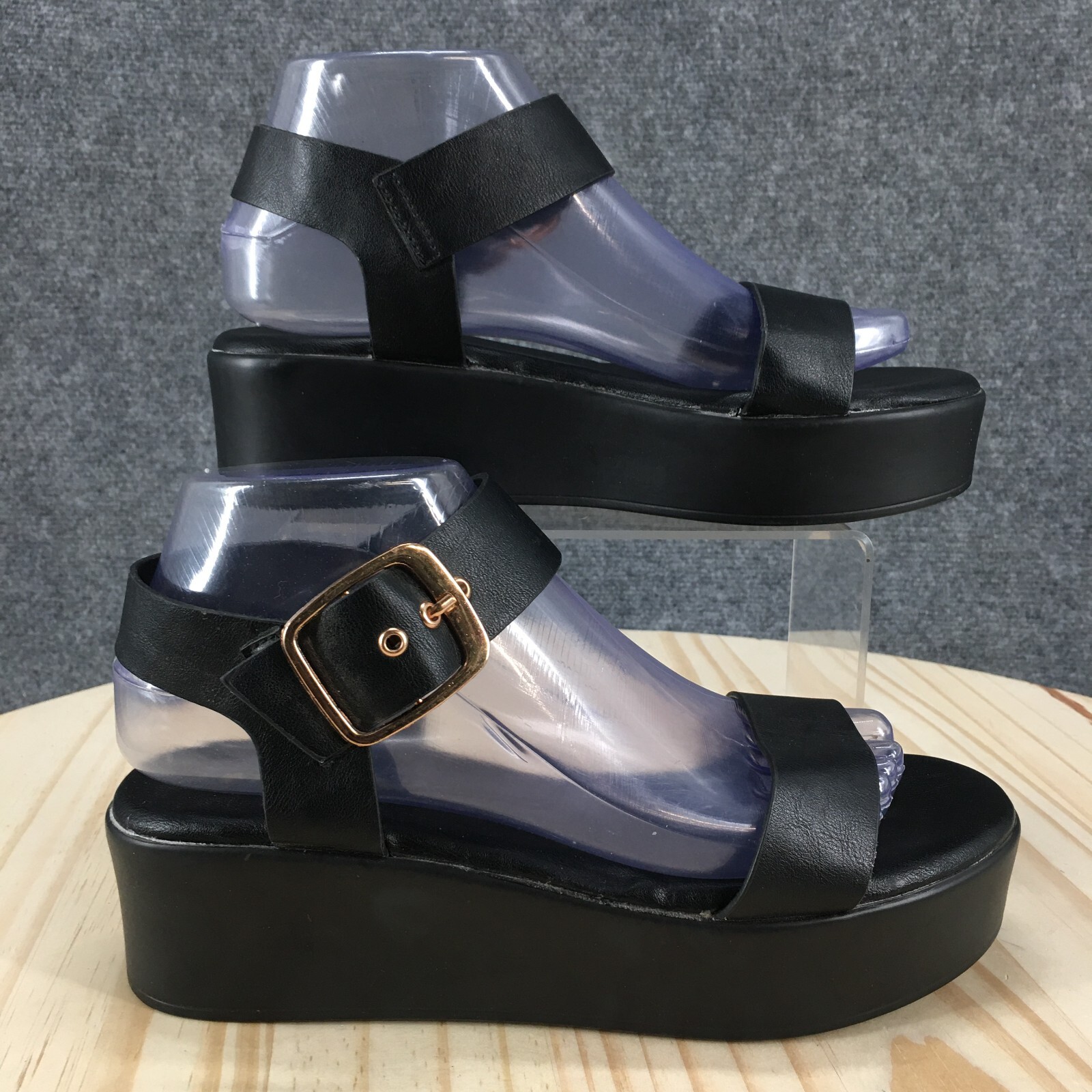 Sandalias de bambú para mujer 12 M Bunos plataforma honda negra imitación cuero 375424