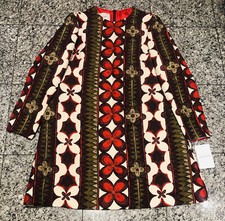 VALENTINO Burgundy Green Flower Aztec Pattern Silk Wool Long Sleeve Dress