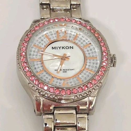 Miykon Watch Ladies Qtz Silver Tone Pink & Clear Rhinestone Elegant NEW BATTERY - Picture 2 of 7