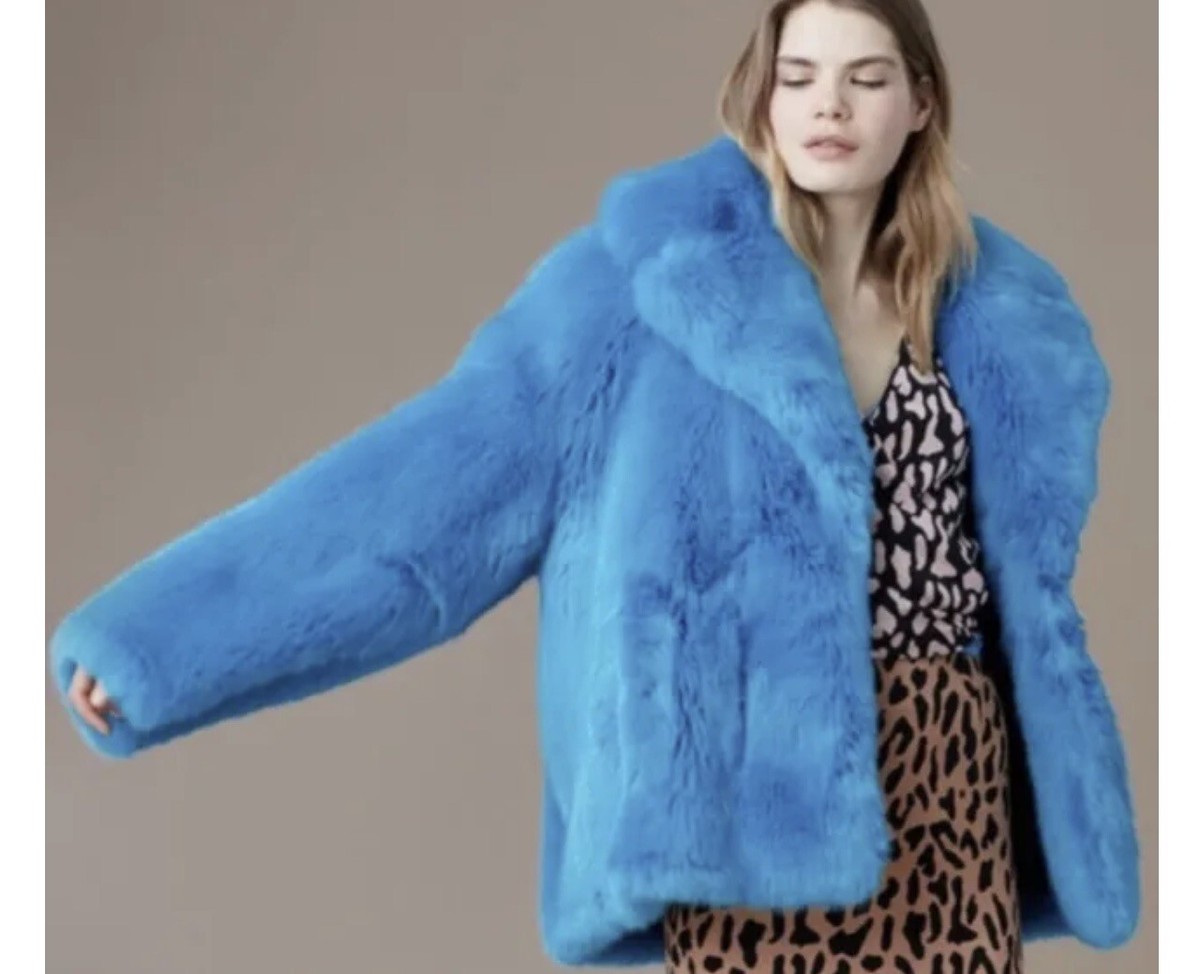 S M DVF Diane von Furstenberg OVERSIZED Blue Faux Fur Jacket