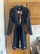 Ted Baker Coat Navy Blue Wool Blend Long Coat Size 4 Trench Coat Wrap Coat