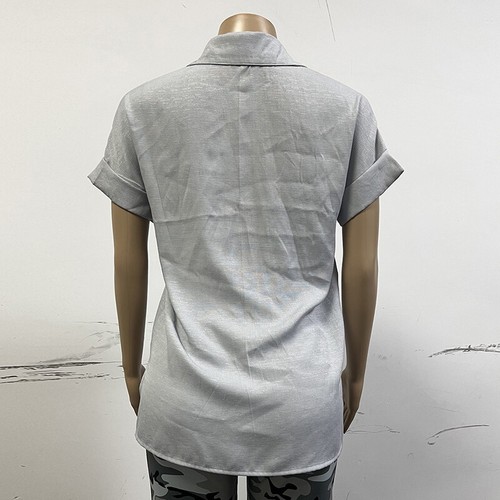Lässige Baumwoll-Leinen-Bluse Für Damen Button-Down-T-Shirt Kurze Ärmel 〒 - Picture 16 of 25