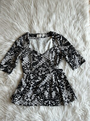 POSTMARK Anthropologie Black White faux Lace Look Small Peplum Top BIN R
