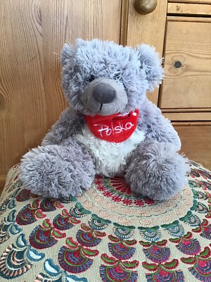Polen Polska Souvenir grauer flauschiger Teddybär weiches Plüschtier 7 Zoll sitzend