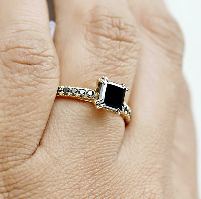 10K Yellow Gold 6 MM Princess Black Moissanite Half Eternity Engagement Ring 7
