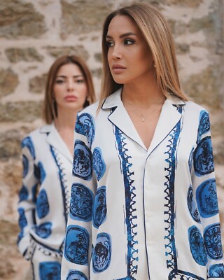 Zara ZW Collection Printed Collared Shirt White Navy Blue XS S M