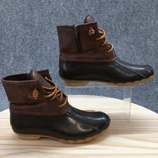 Sperry Boots Youth 6 Girls Saltwater Side Zip Lace Up Duck Bootie Brown Leather