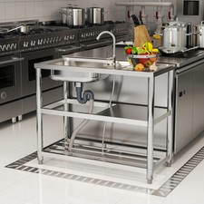 Stainless Steel Hot Cold Water Sink Catering Kitchen Single Bowl Worktop & Shelf