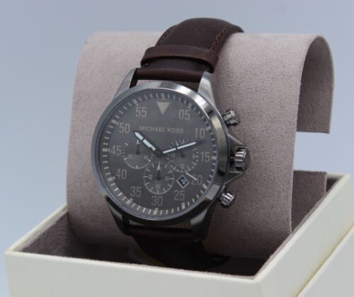 NEW AUTHENTIC MICHAEL KORS THOMPKINS GRAY BROWN LEATHER CHRONO MENS MK8863 WATCH - Picture 11 of 12