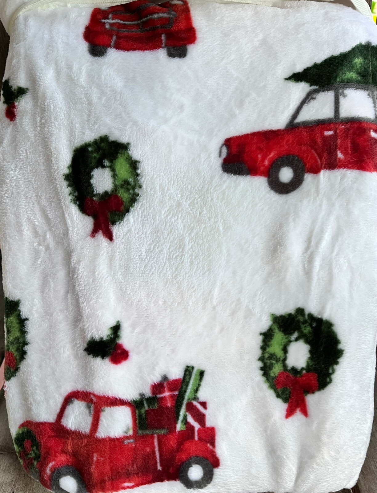 Cynthia Rowley Christmas Red Truck Tree Velvet Plush Throw Blanket 60